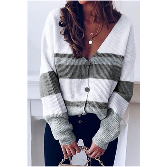 Multicolor striped vneck button down cardiGAN - Picture 1 of 3